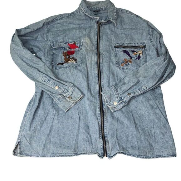 Warner bros men’s denim‎ jacket large road runner and coyote beep beep vintage